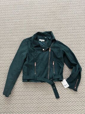 Wildflowers Deep Teal Suede Moto Jacket with Rose-Gold Zippers